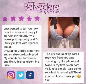 breast enlargement review at the Belvedere Clinic before and after surgery- using motiva breast implants